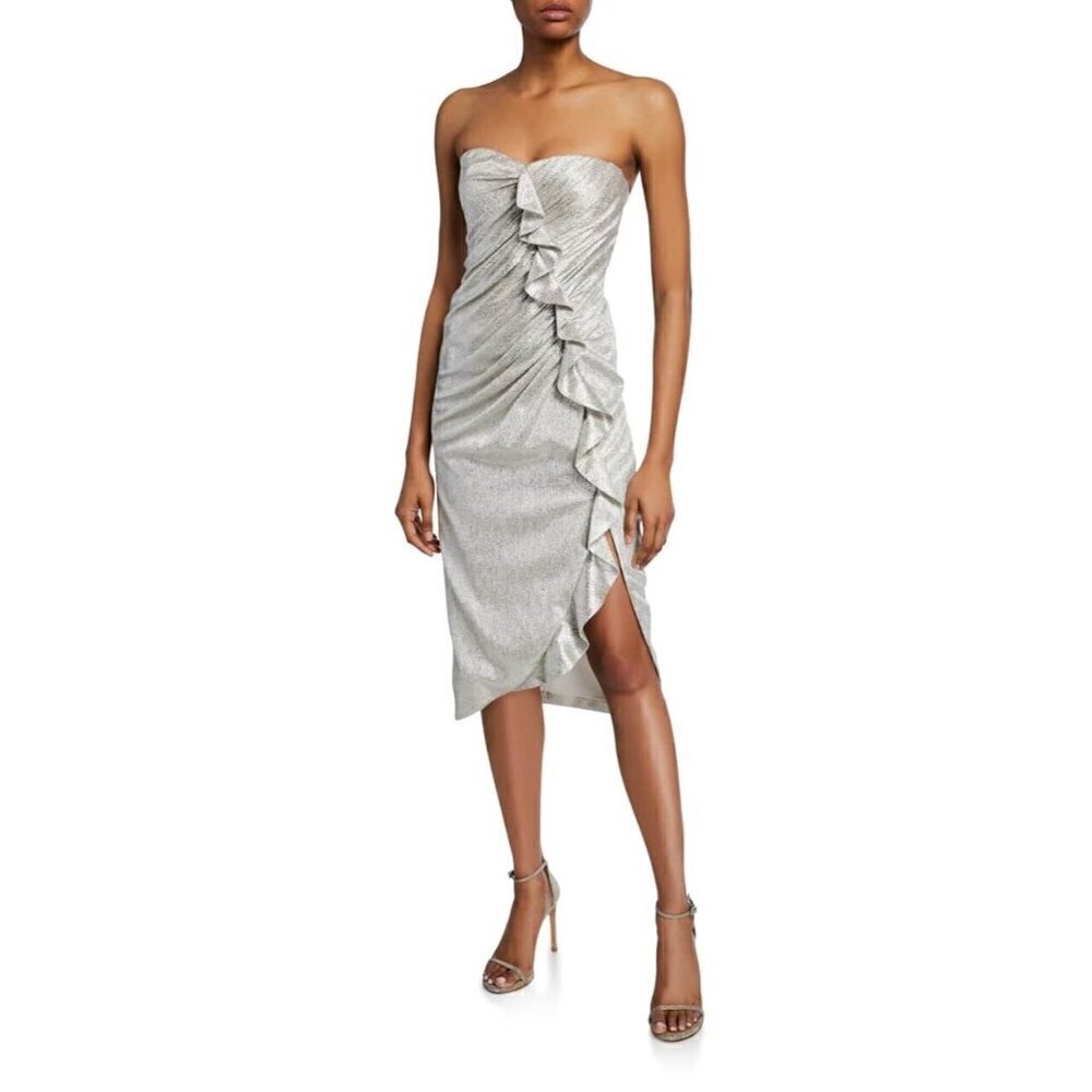 Jonathan Simkhai Plisse Metallic Bustier Ruffle Dress Silver Women’s Size 10